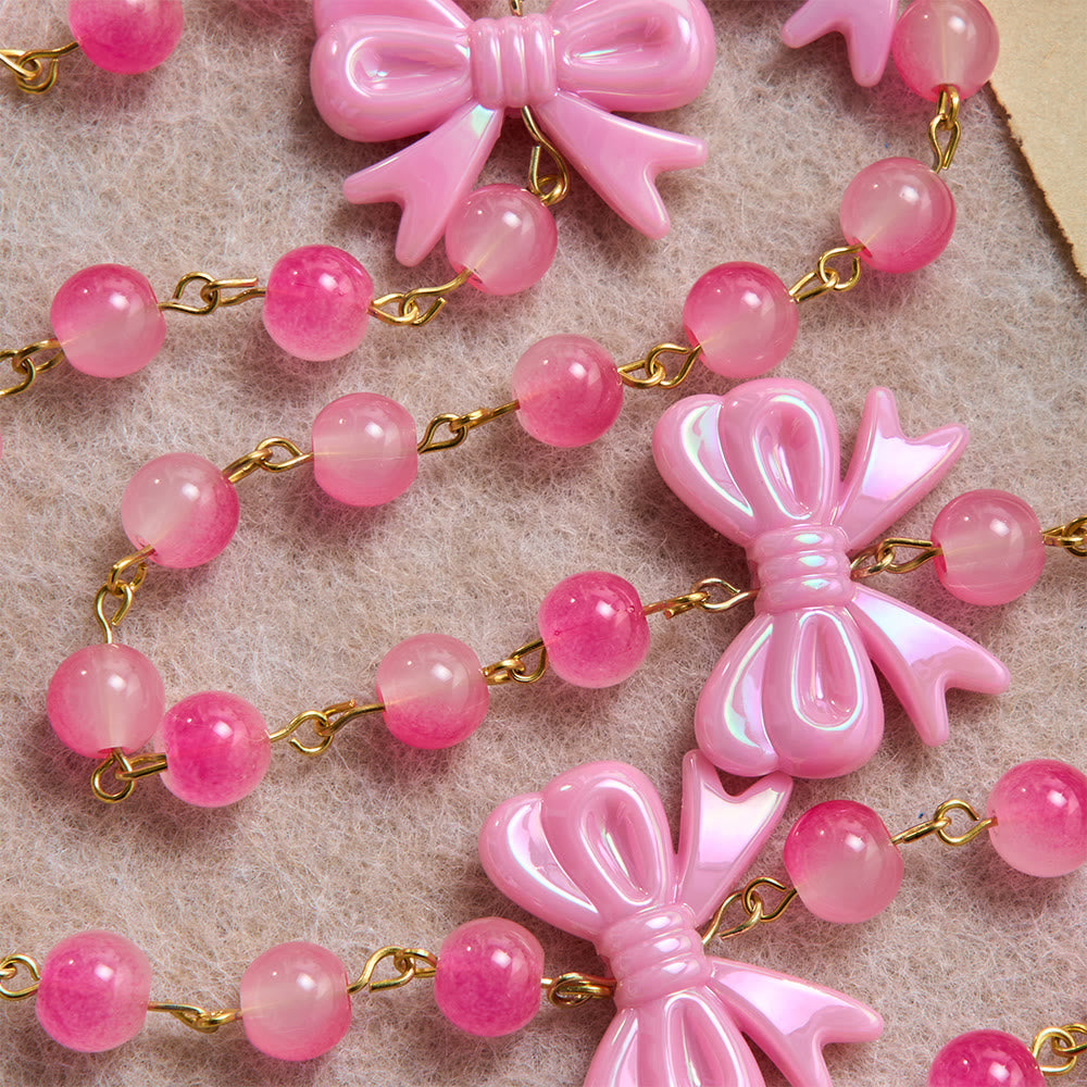 Girly Dual-Tone Gradient Bead Rosary With Glossy Resin Bows & Jeweled Gold Crucifix