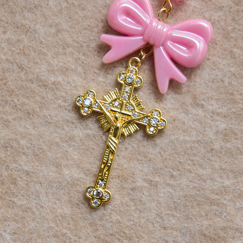Girly Dual-Tone Gradient Bead Rosary With Glossy Resin Bows & Jeweled Gold Crucifix
