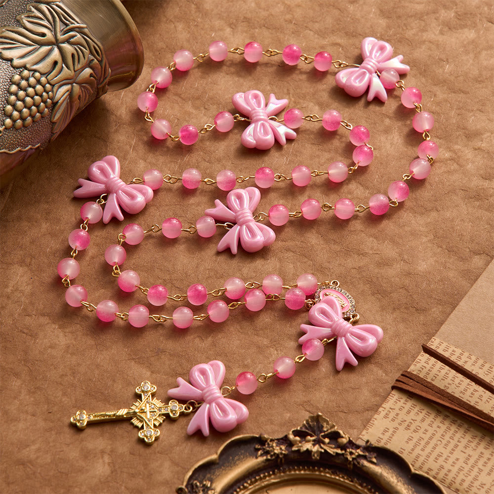 Girly Dual-Tone Gradient Bead Rosary With Glossy Resin Bows & Jeweled Gold Crucifix