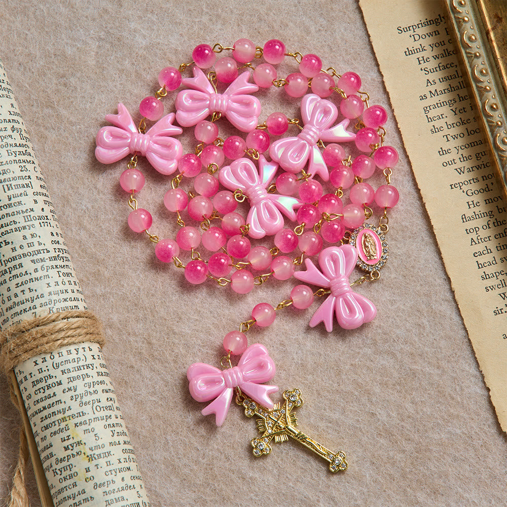 Girly Dual-Tone Gradient Bead Rosary With Glossy Resin Bows & Jeweled Gold Crucifix