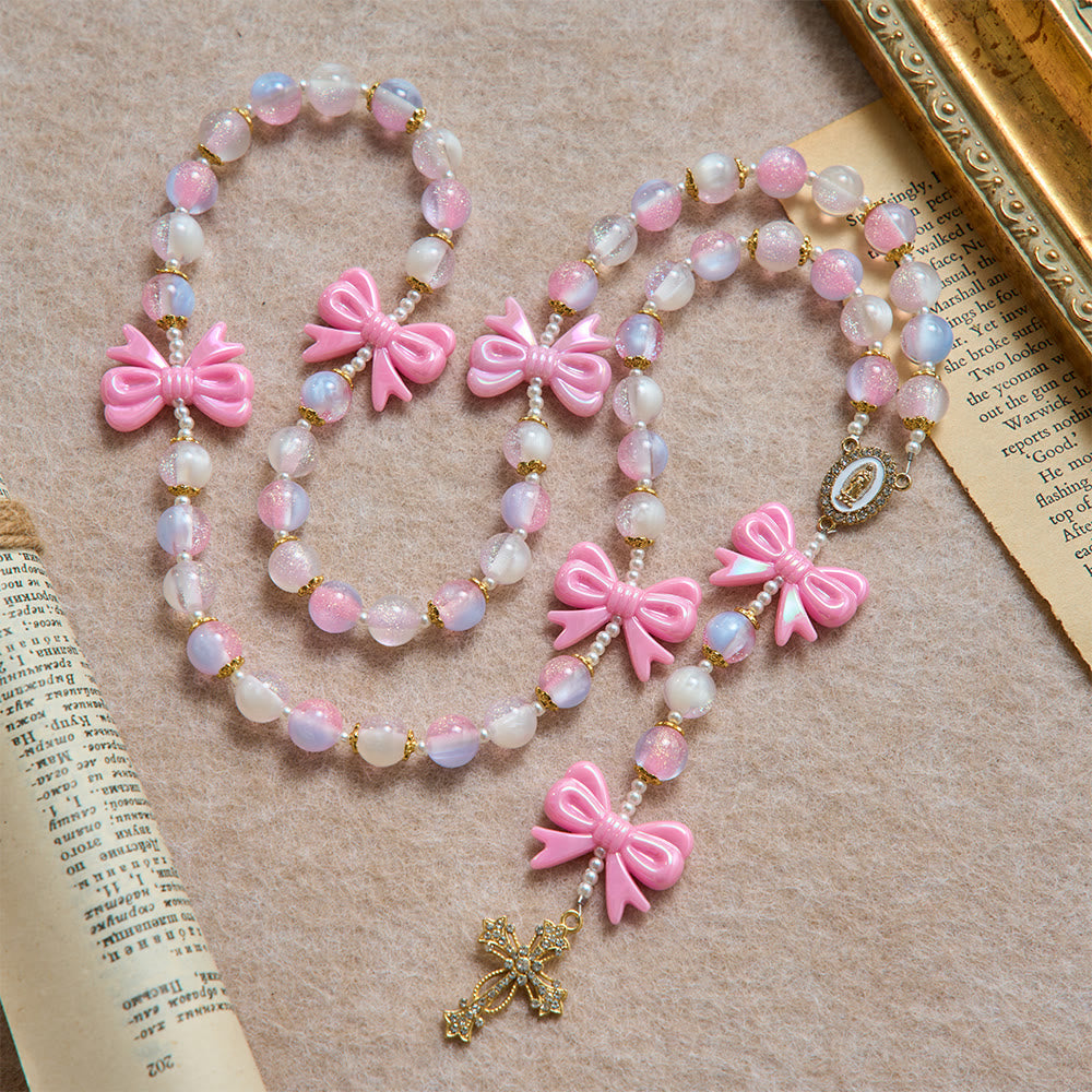Pastel Glitter Bead Bow Rosary With Jeweled Cross: Emblem of Sweet Heavenly Grace