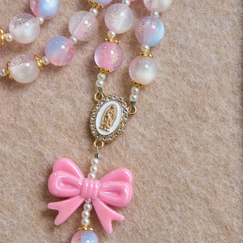 Pastel Glitter Bead Bow Rosary With Jeweled Cross: Emblem of Sweet Heavenly Grace