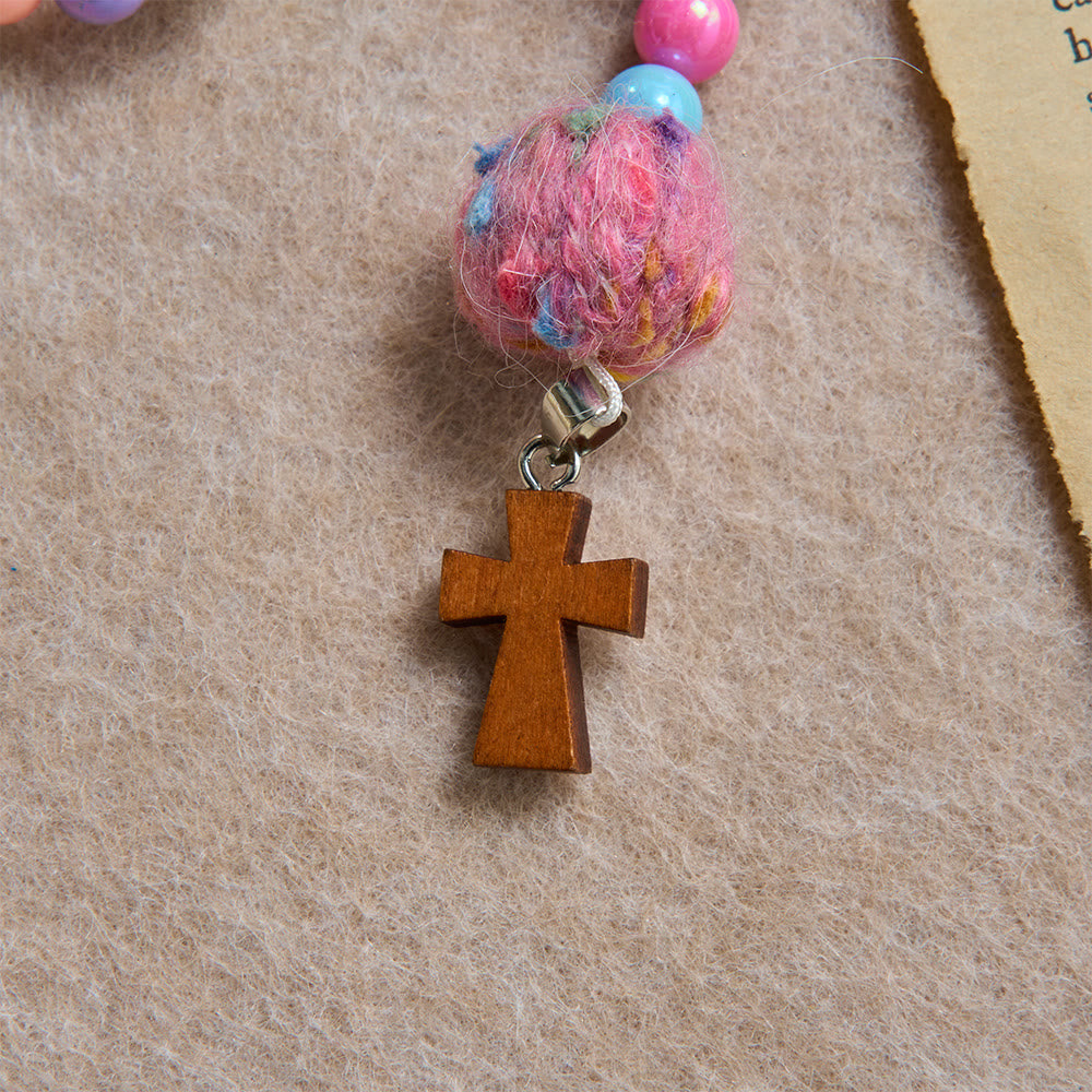Fluffy Pom-Pom Macaron Bead Kids Rosary With Wooden Cross: Emblem of Innocent Heavenly Kindness