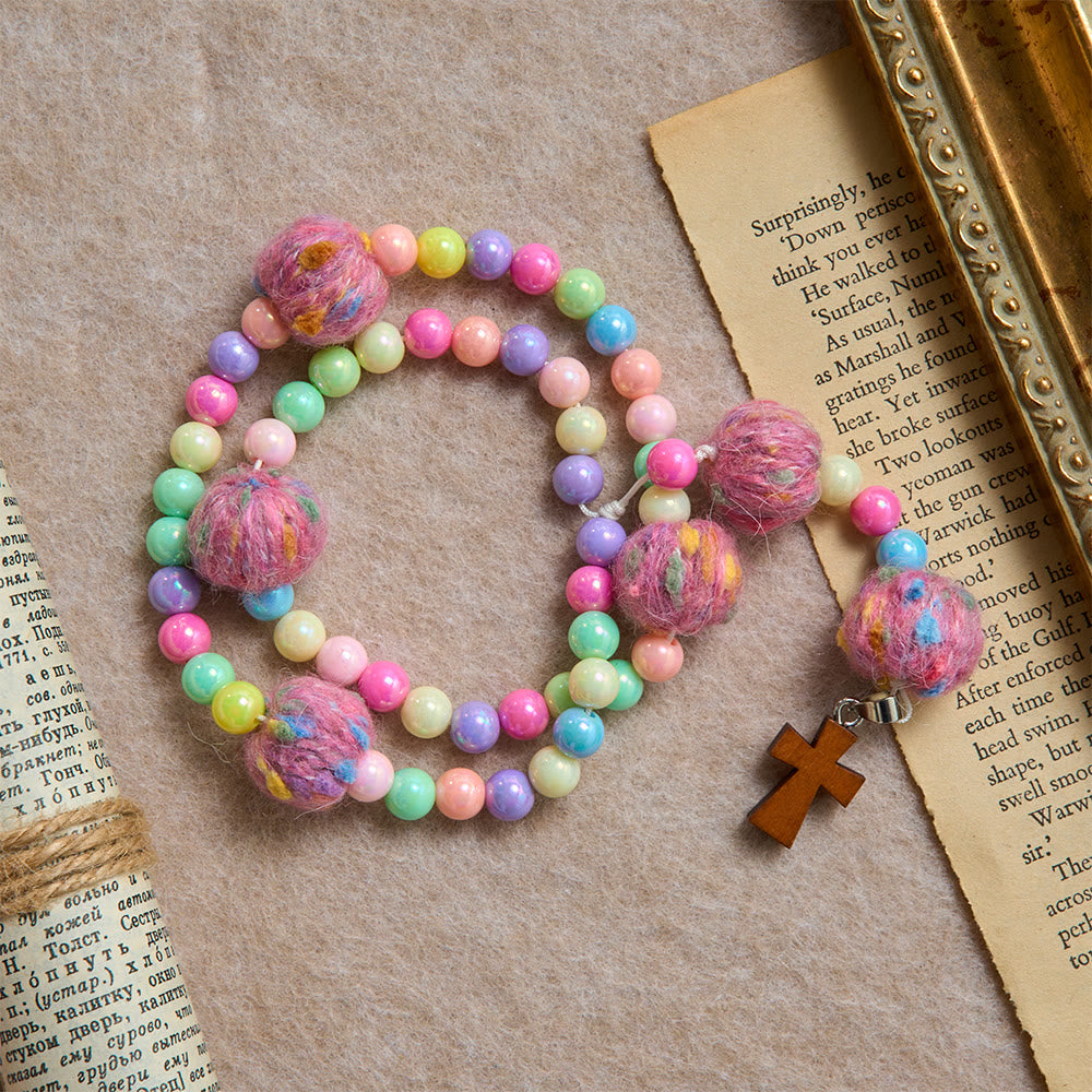 Fluffy Pom-Pom Macaron Bead Kids Rosary With Wooden Cross: Emblem of Innocent Heavenly Kindness