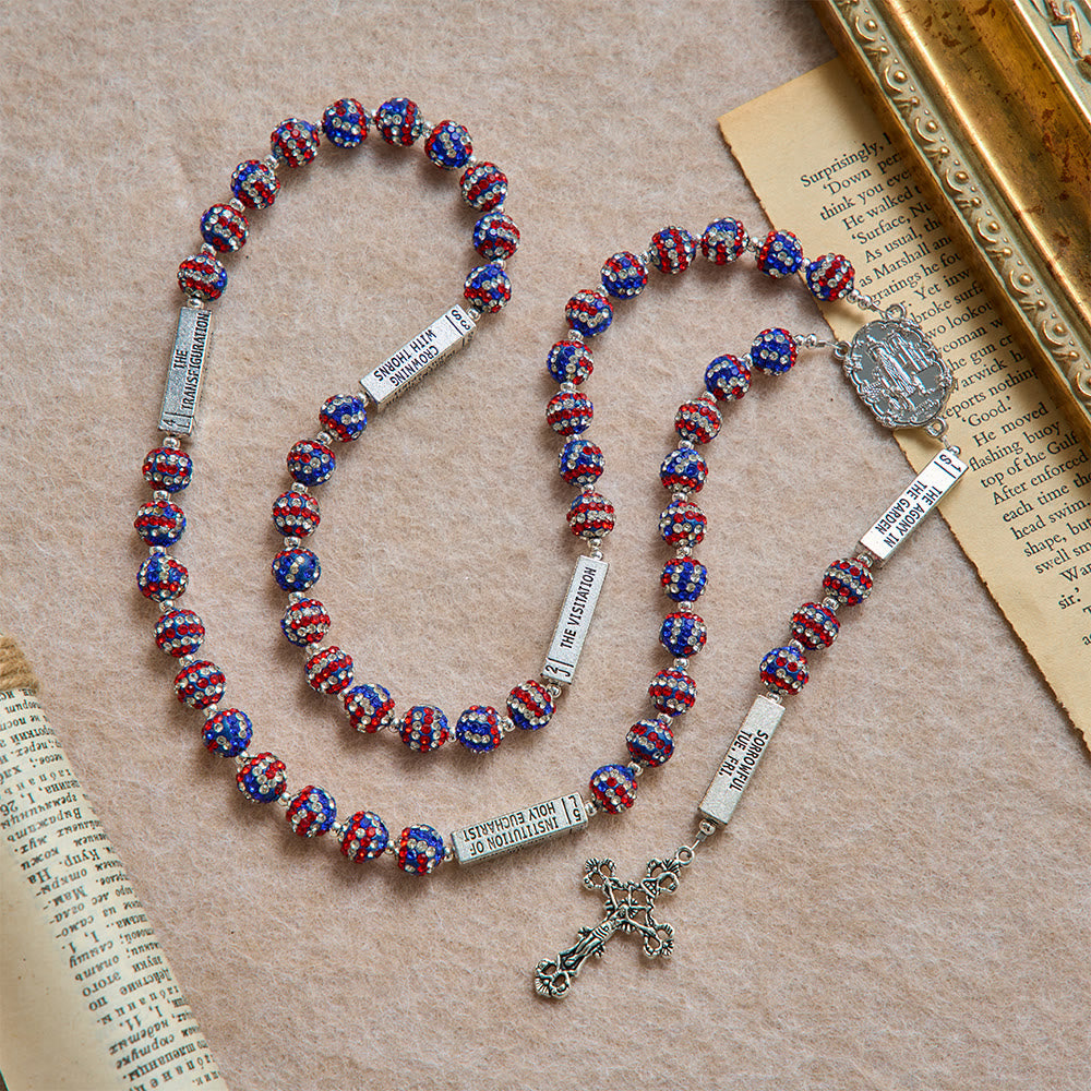 American Flag-Tone Rhinestone Scripture Bar Rosary With Antique Crucifix: Emblem of Faithful Heavenly Allegiance