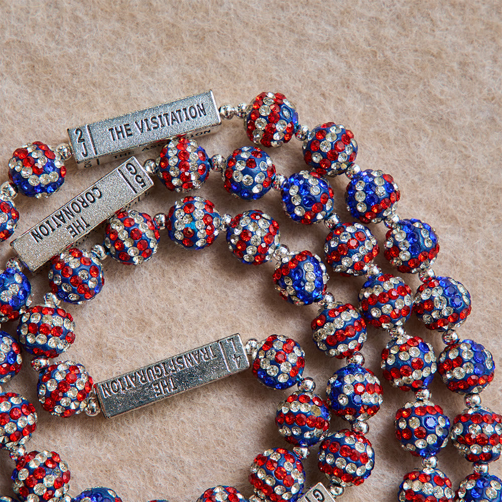 American Flag-Tone Rhinestone Scripture Bar Rosary With Antique Crucifix: Emblem of Faithful Heavenly Allegiance