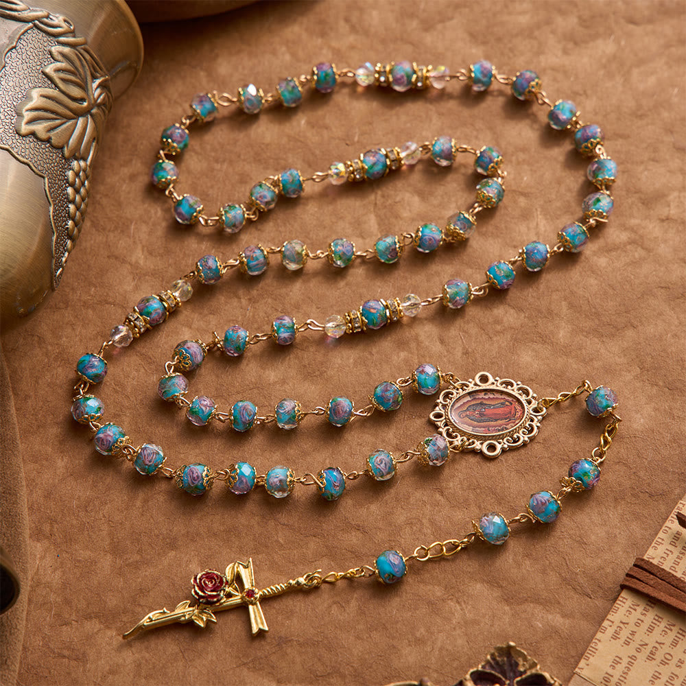 Blue Floral Glass Rosary With Rose Gilded Crucifix & Our Lady of Guadalupe Medallion