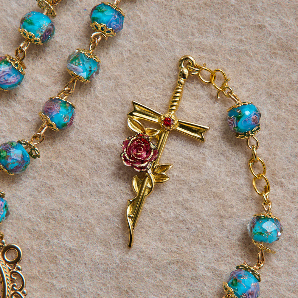 Blue Floral Glass Rosary With Rose Gilded Crucifix & Our Lady of Guadalupe Medallion