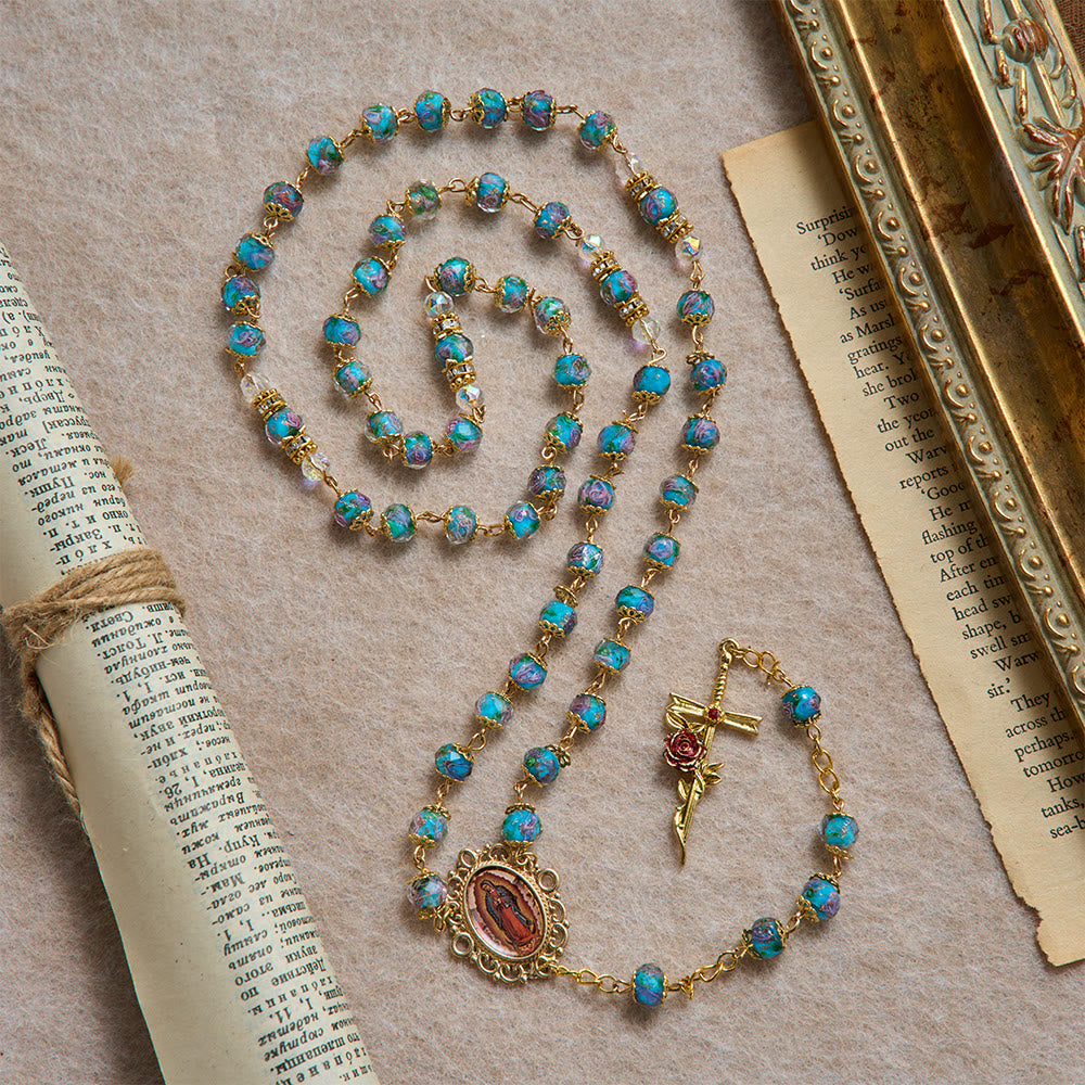 Blue Floral Glass Rosary With Rose Gilded Crucifix & Our Lady of Guadalupe Medallion