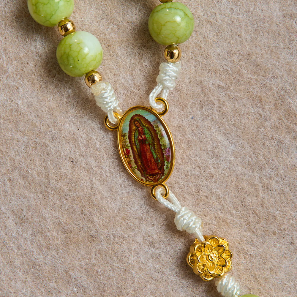 Fresh Lotus Spacer Jade-Toned Rosary With Ornate Carved Crucifix: Emblem of Pure Heavenly Serenity