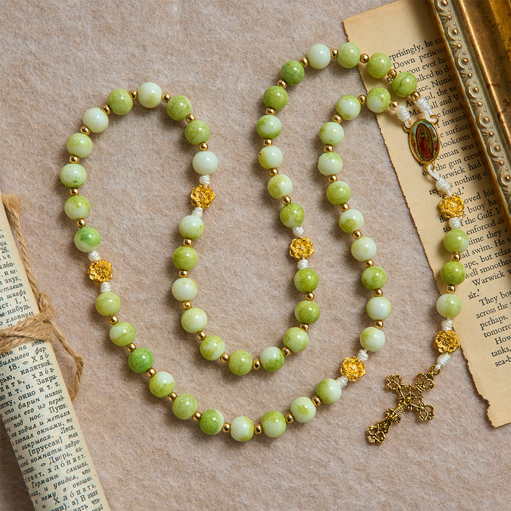 Fresh Lotus Spacer Jade-Toned Rosary With Ornate Carved Crucifix: Emblem of Pure Heavenly Serenity