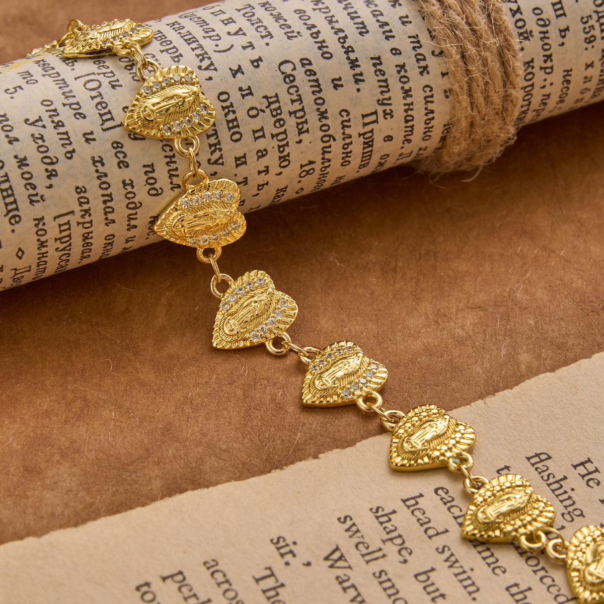 Our Lady of Guadalupe Heart Shaped Medallion Sparkle Trim Link Bracelet: Timeless Emblem of Gentle Heavenly Guardianship