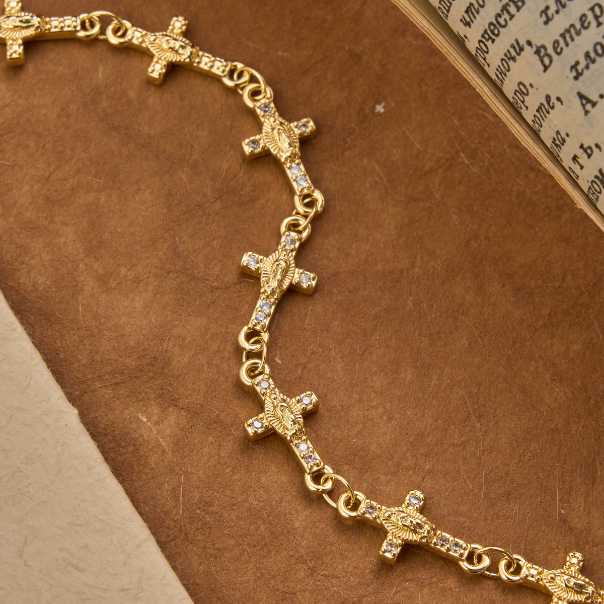 Our Lady of Guadalupe Inlaid Cross Sparkle Accent Link Bracelet: Timeless Emblem of Gentle Heavenly Guardianship