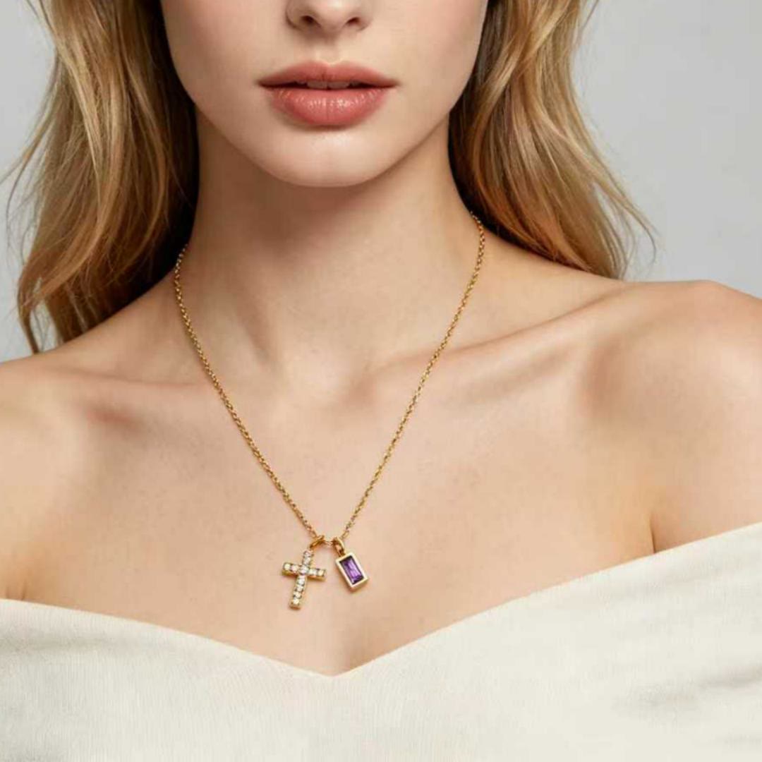 Custom Birth Month Rectangular Stone & Sparkle Cross Dual Charm Necklace: Timeless Emblem of Gentle Heavenly Guardianship