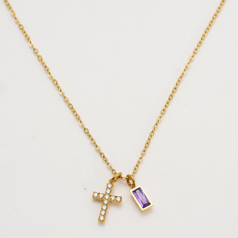 Custom Birth Month Rectangular Stone & Sparkle Cross Dual Charm Necklace: Timeless Emblem of Gentle Heavenly Guardianship