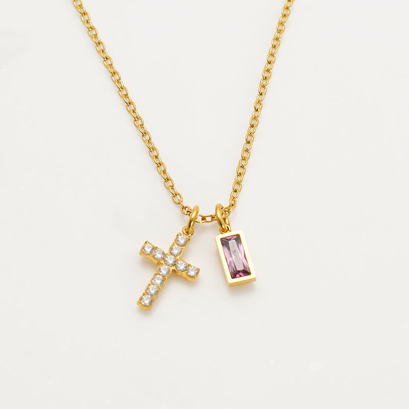 Custom Birth Month Rectangular Stone & Sparkle Cross Dual Charm Necklace: Timeless Emblem of Gentle Heavenly Guardianship