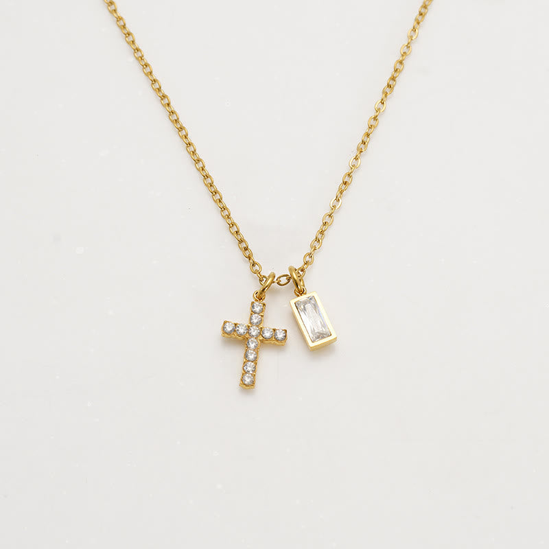 Custom Birth Month Rectangular Stone & Sparkle Cross Dual Charm Necklace: Timeless Emblem of Gentle Heavenly Guardianship