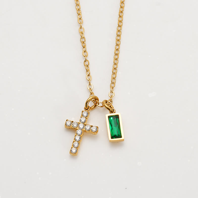 Custom Birth Month Rectangular Stone & Sparkle Cross Dual Charm Necklace: Timeless Emblem of Gentle Heavenly Guardianship