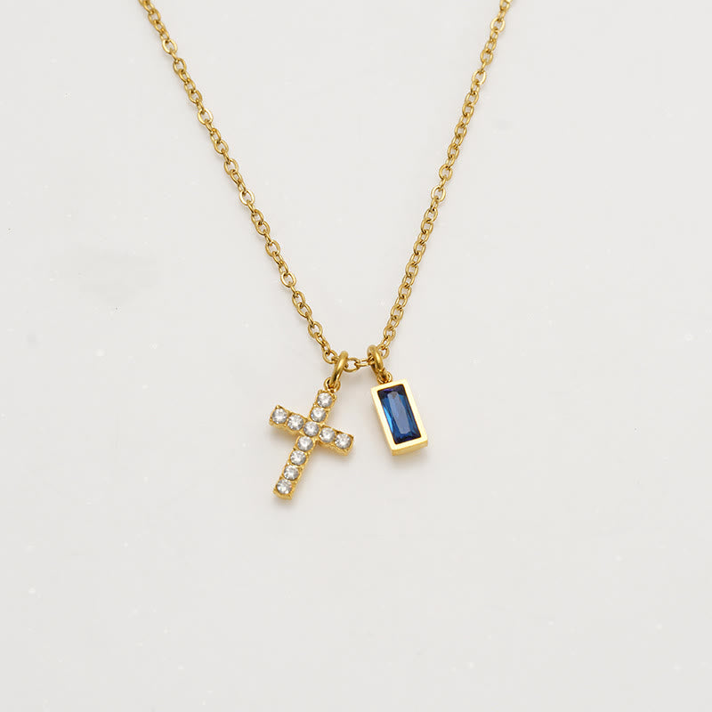 Custom Birth Month Rectangular Stone & Sparkle Cross Dual Charm Necklace: Timeless Emblem of Gentle Heavenly Guardianship