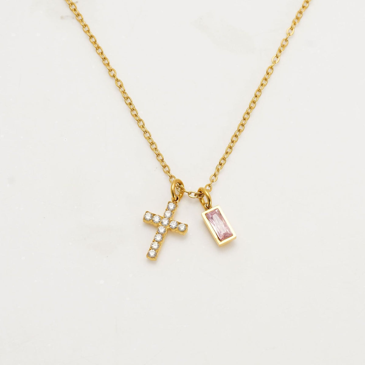 Custom Birth Month Rectangular Stone & Sparkle Cross Dual Charm Necklace: Timeless Emblem of Gentle Heavenly Guardianship