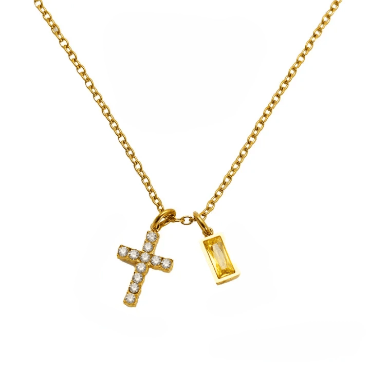 Custom Birth Month Rectangular Stone & Sparkle Cross Dual Charm Necklace: Timeless Emblem of Gentle Heavenly Guardianship
