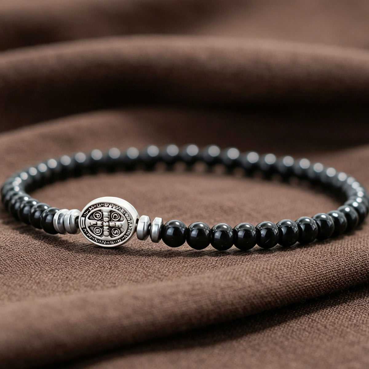 Saint Benedict Medal Natural Stone Bead Single Stretch Stackable Bracelet: Timeless Emblem of Gentle Heavenly Guardianship