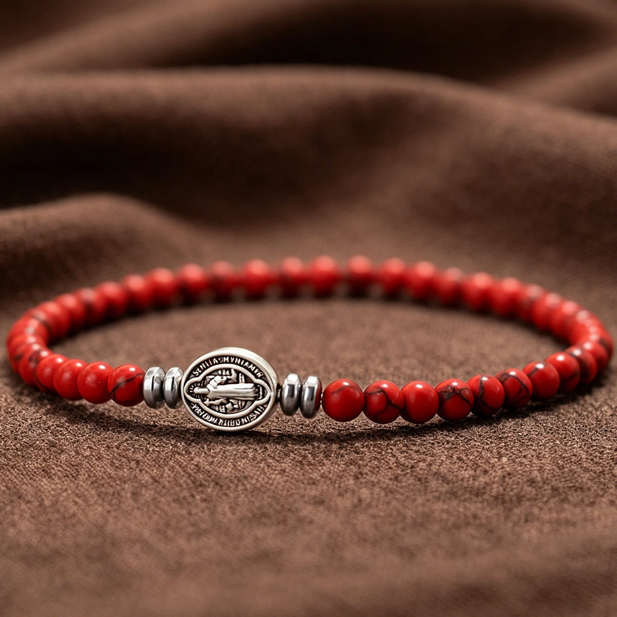 Saint Benedict Medal Natural Stone Bead Single Stretch Stackable Bracelet: Timeless Emblem of Gentle Heavenly Guardianship