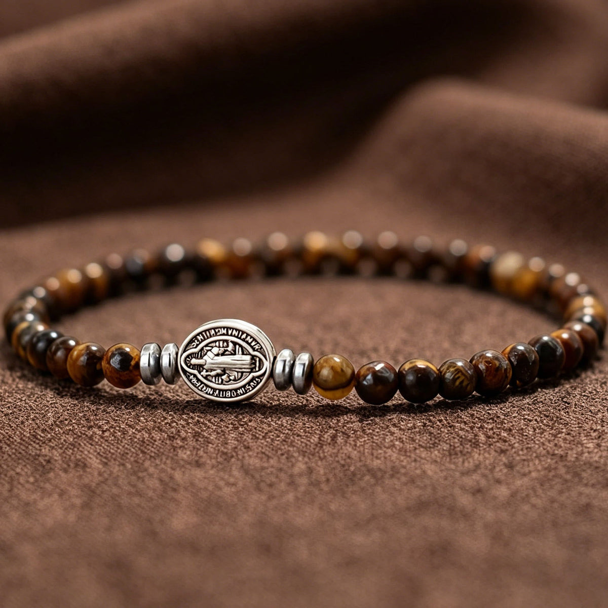 Saint Benedict Medal Natural Stone Bead Single Stretch Stackable Bracelet: Timeless Emblem of Gentle Heavenly Guardianship