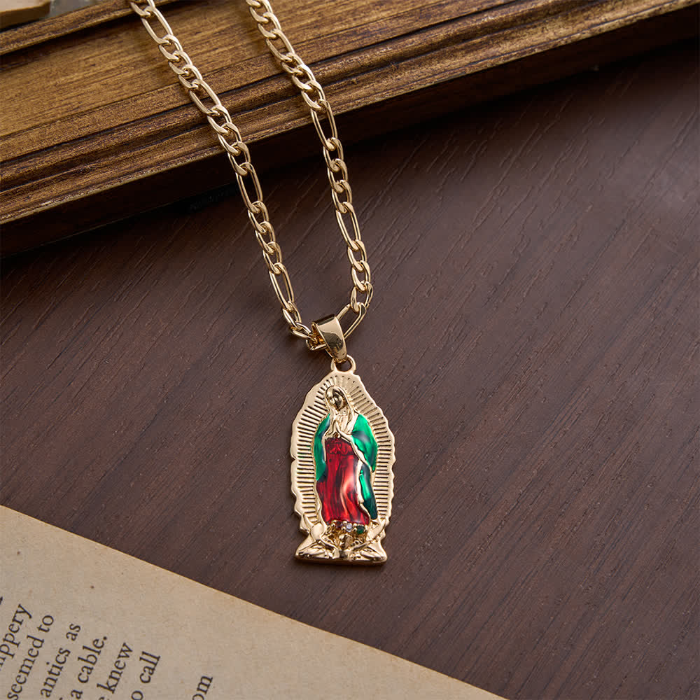 Elegant Sunburst Border Enamel Virgin Guadalupe Pendant Chunky Figaro Chain