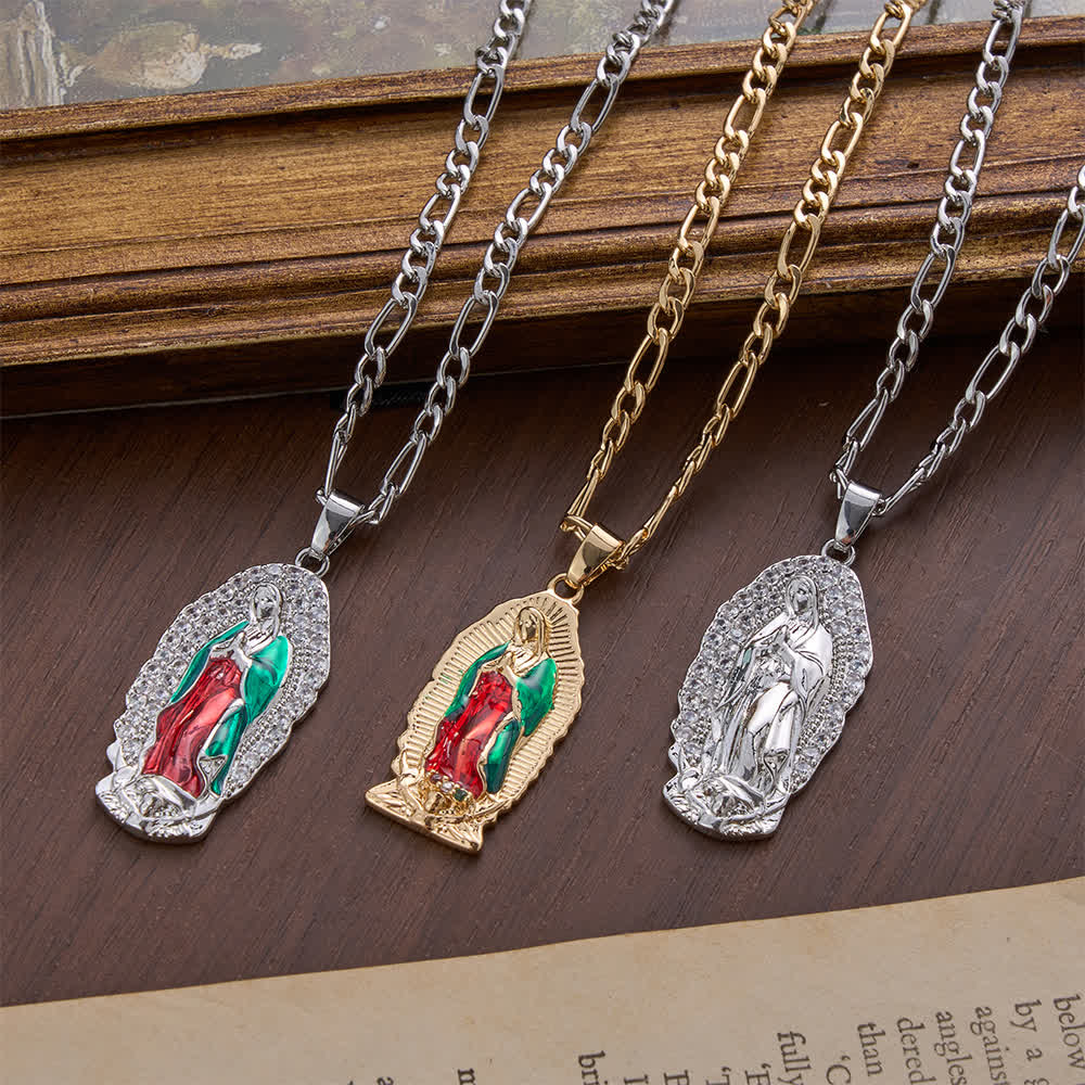 Elegant Sunburst Border Enamel Virgin Guadalupe Pendant Chunky Figaro Chain