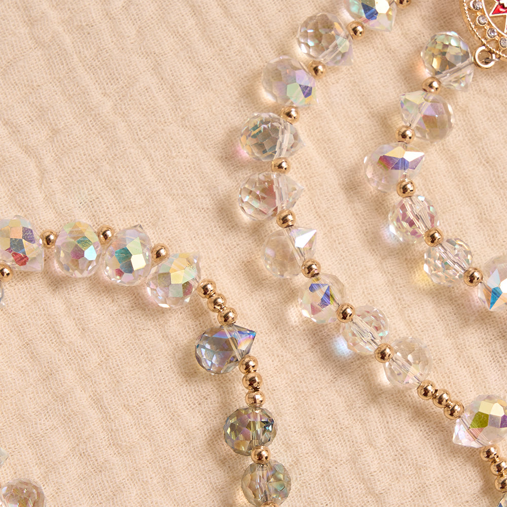 Gradient Iridescent Teardrop Glass Rosary With Jeweled Gilded Cross & Our Lady of Aparecida Medallion