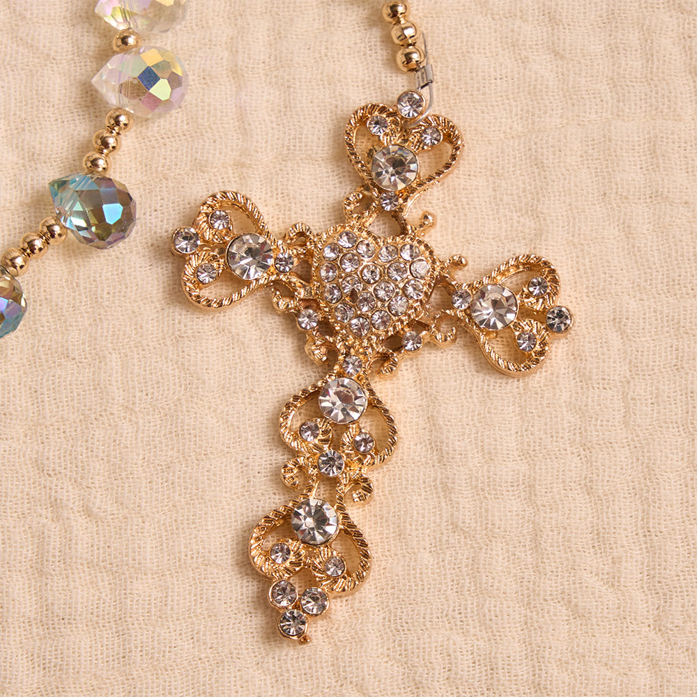 Gradient Iridescent Teardrop Glass Rosary With Jeweled Gilded Cross & Our Lady of Aparecida Medallion