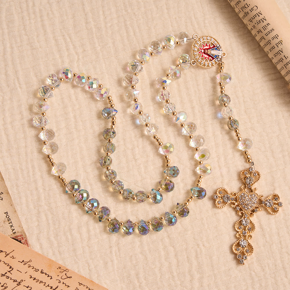Gradient Iridescent Teardrop Glass Rosary With Jeweled Gilded Cross & Our Lady of Aparecida Medallion