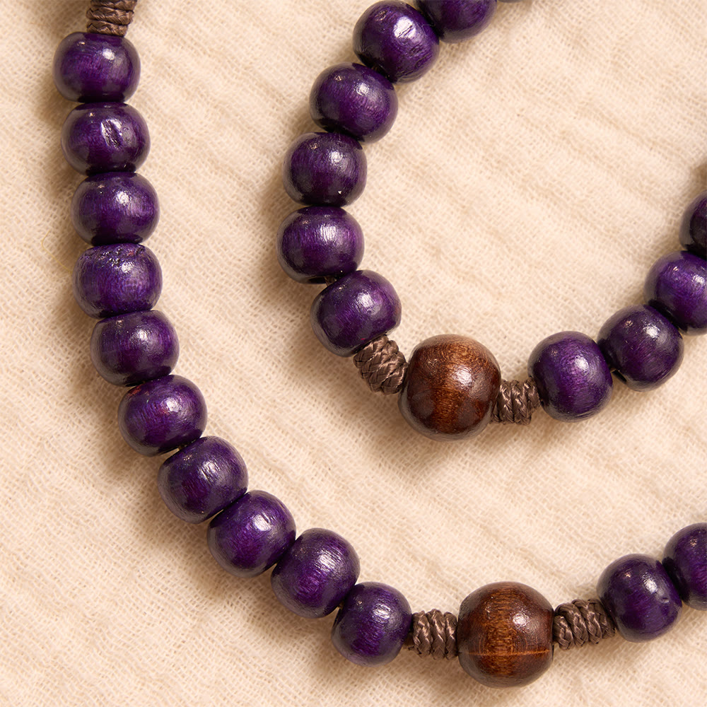 Purple Wooden Rosary With Bronze Crucifix & Embossed Holy Family Medallion