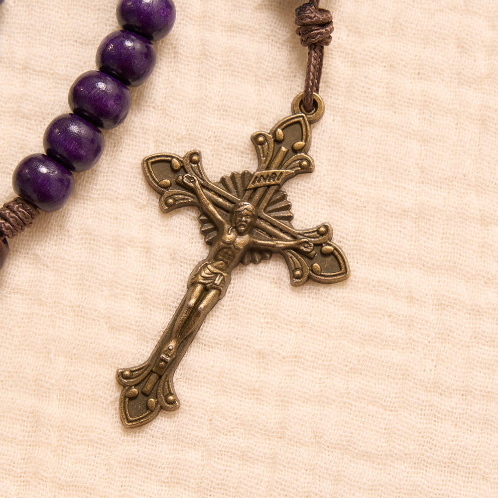 Purple Wooden Rosary With Bronze Crucifix & Embossed Holy Family Medallion