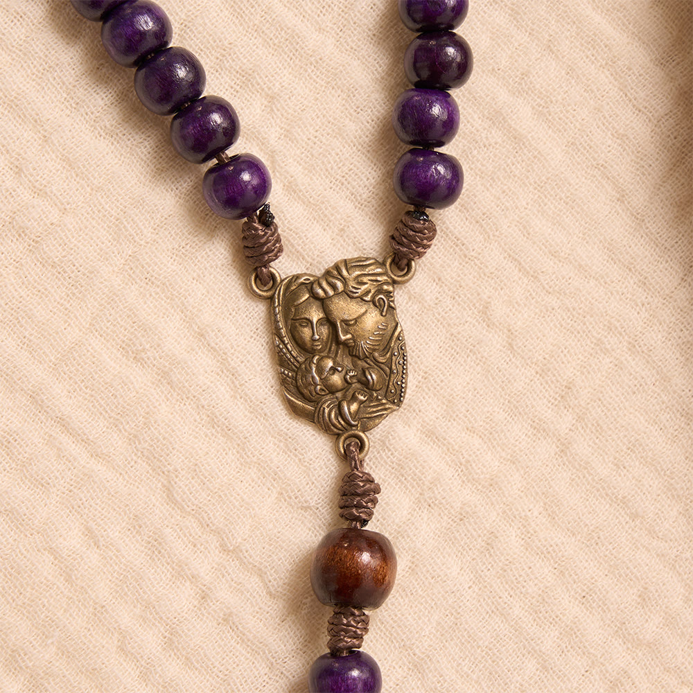 Purple Wooden Rosary With Bronze Crucifix & Embossed Holy Family Medallion