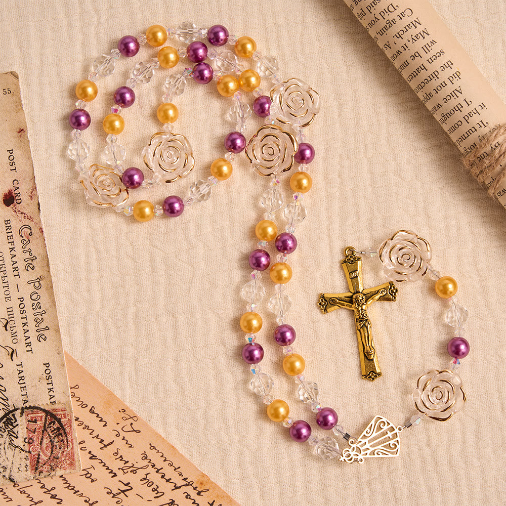 Molded Camellia Acrylic Rosary With Gilded Crucifix & Our Lady of Aparecida Filigree Medallion