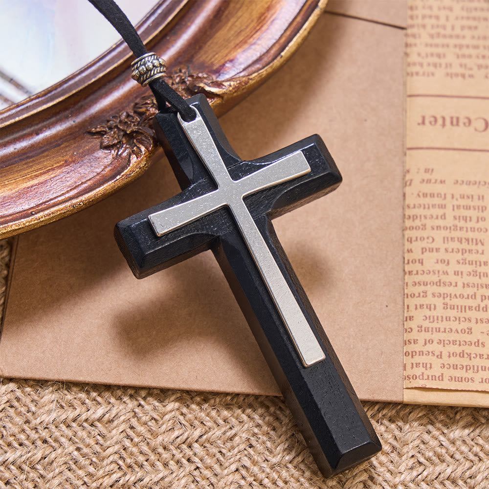 Minimalist Inlaid Metal Solid Wooden Cross Suede Cord Necklace: Emblem of Steadfast Heavenly Shelter