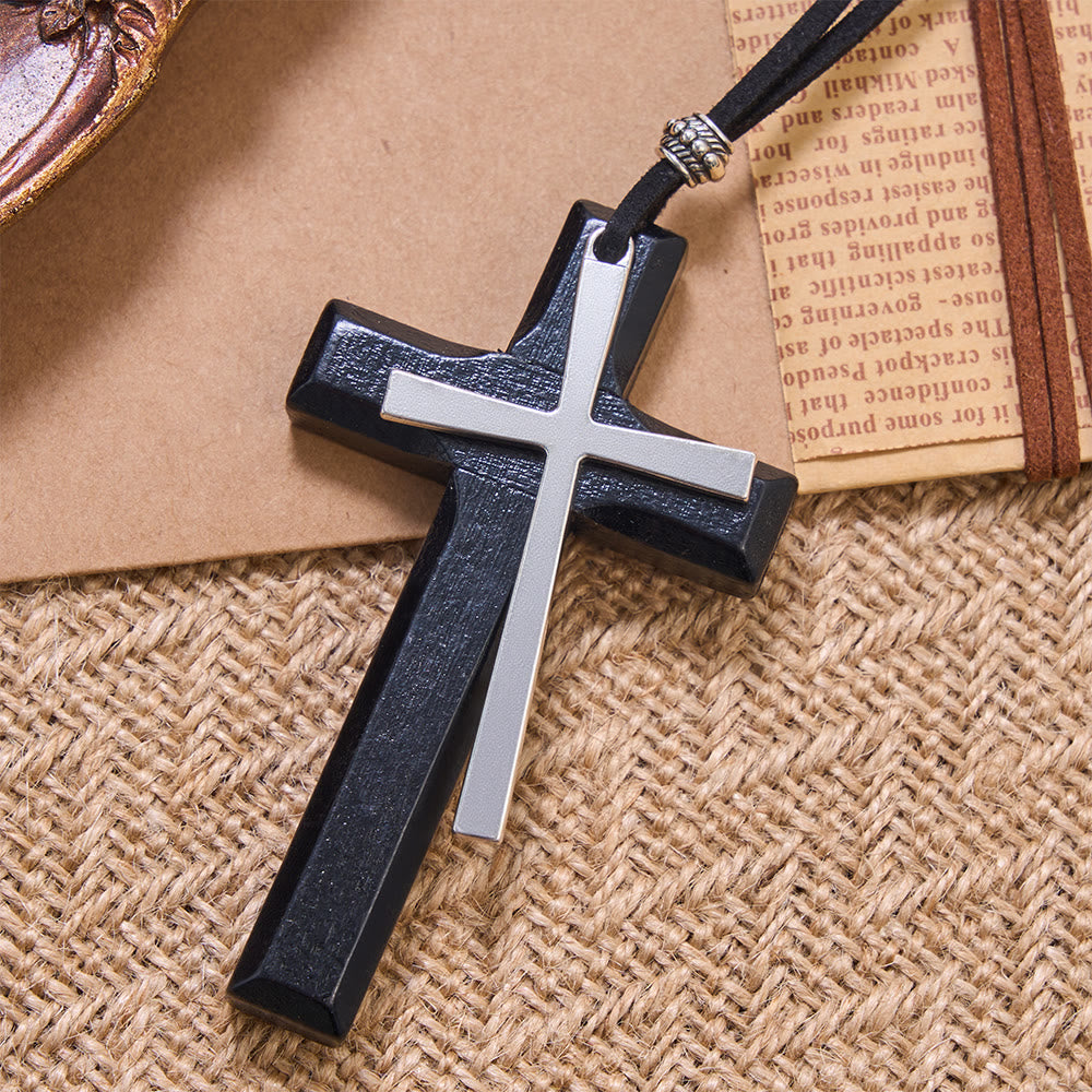 Minimalist Inlaid Metal Solid Wooden Cross Suede Cord Necklace: Emblem of Steadfast Heavenly Shelter