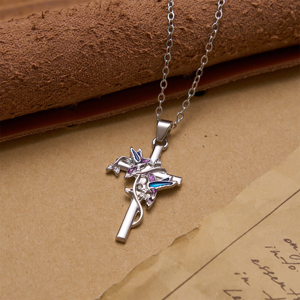 Hand Enamel Hummingbird Wrapped Slim Cross Chain Necklace: Emblem of Gentle Heavenly Blessing