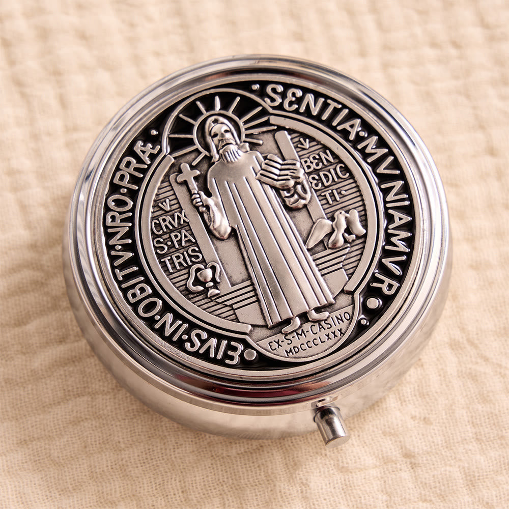 Portable Saint Benedict Hematite Rosary With Engraved Metal Storage Case