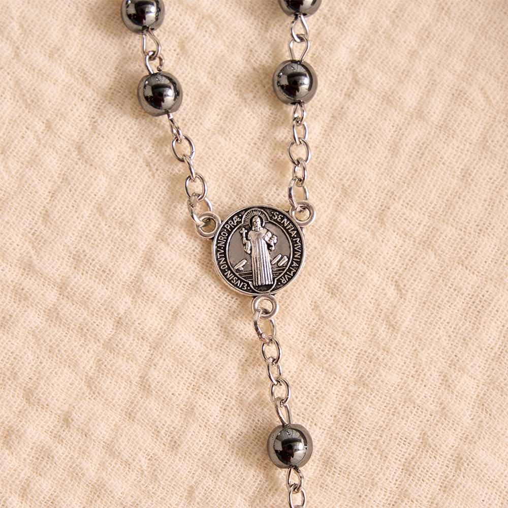 Portable Saint Benedict Hematite Rosary With Engraved Metal Storage Case