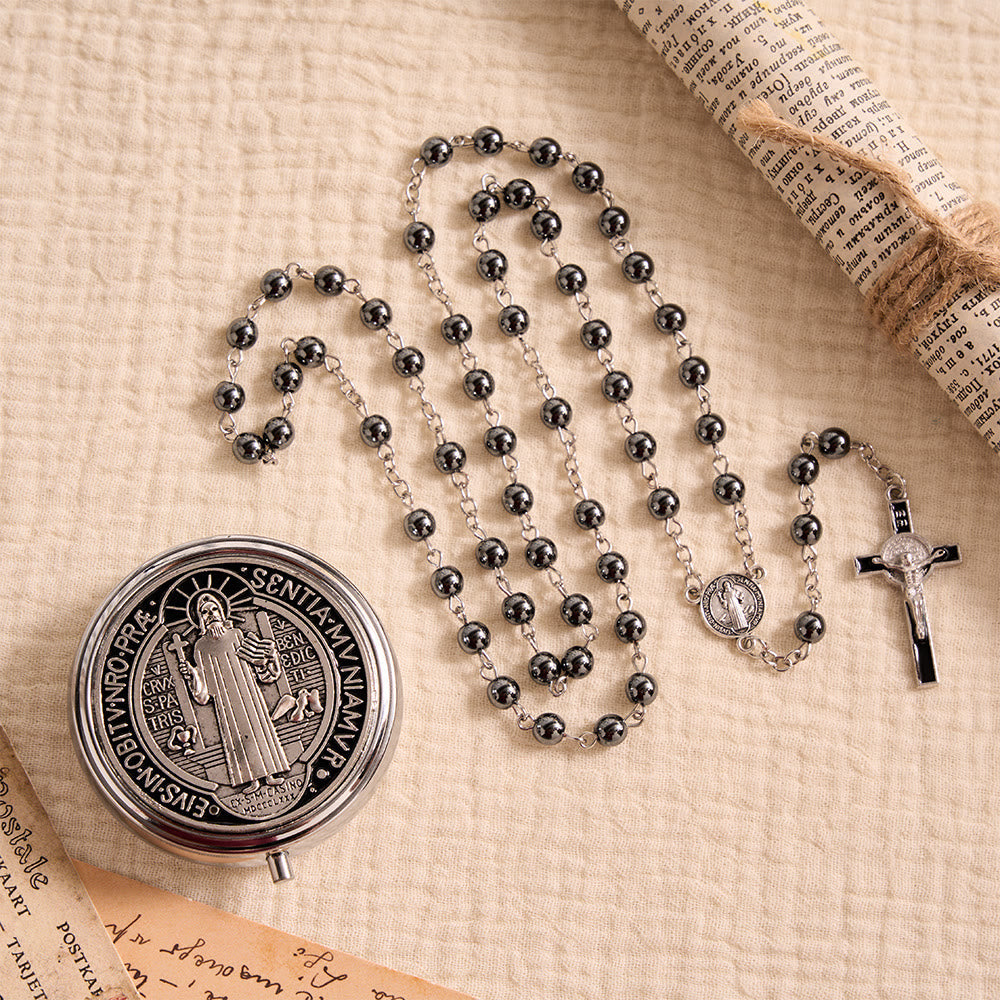 Portable Saint Benedict Hematite Rosary With Engraved Metal Storage Case