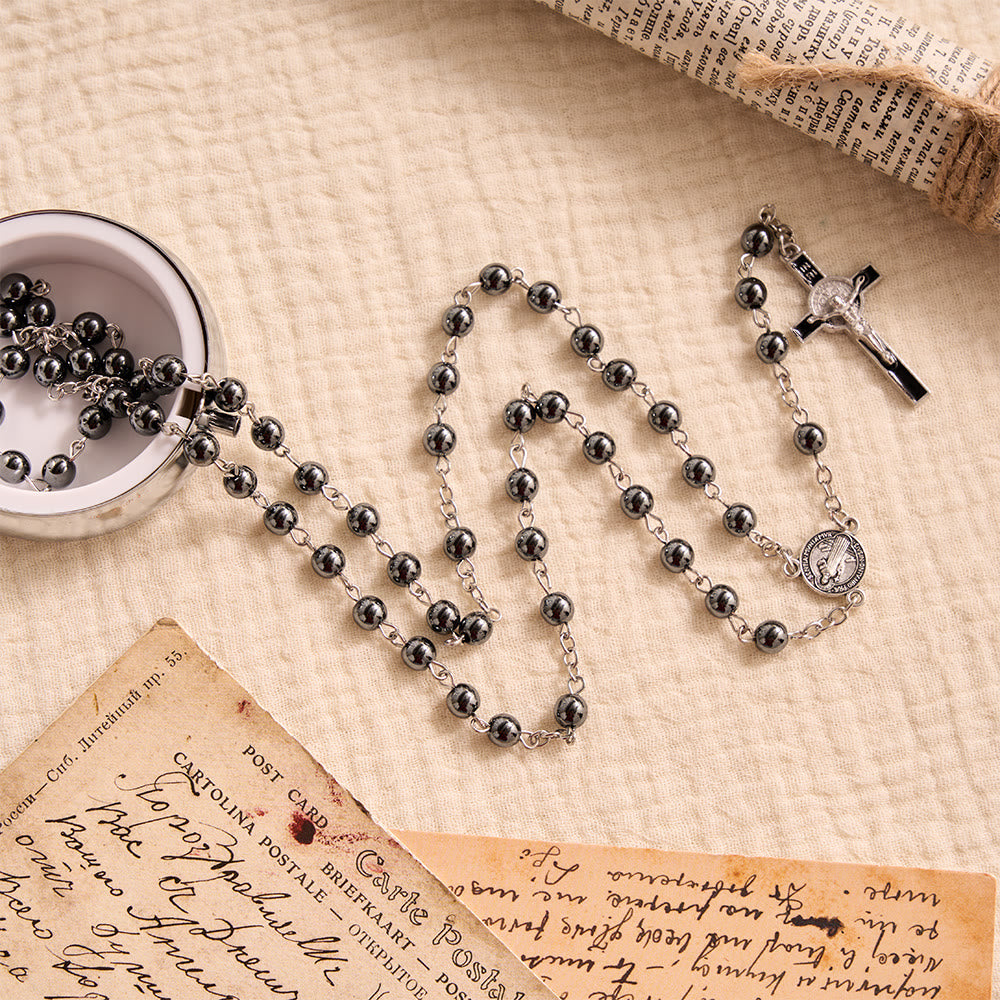 Portable Saint Benedict Hematite Rosary With Engraved Metal Storage Case