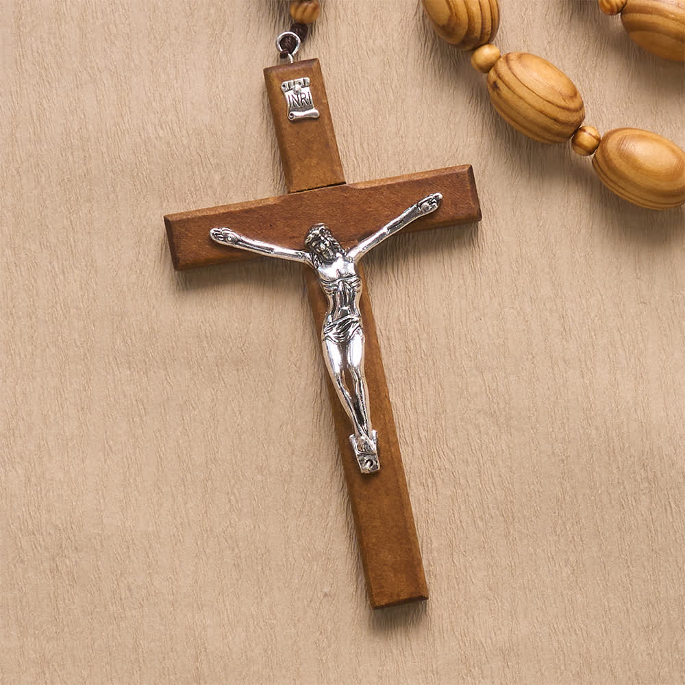 Hand Sanded Natural Pine Timber Wall Rosary With Our Lady