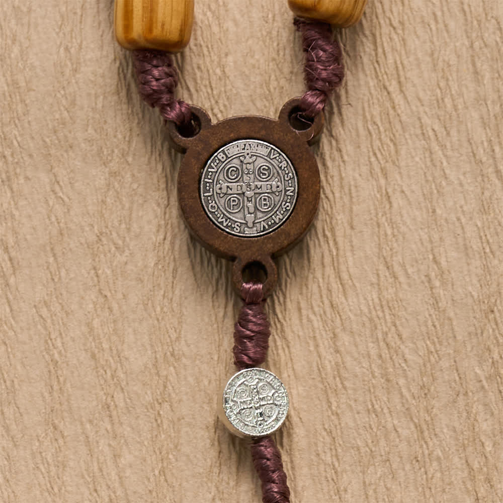 Natural Grain Barrel Timber Bead Knotted Cord Rosary With Mini Saint Benedict Medallions