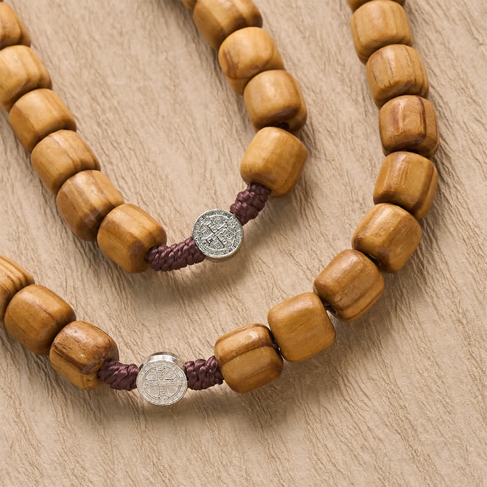 Natural Grain Barrel Timber Bead Knotted Cord Rosary With Mini Saint Benedict Medallions