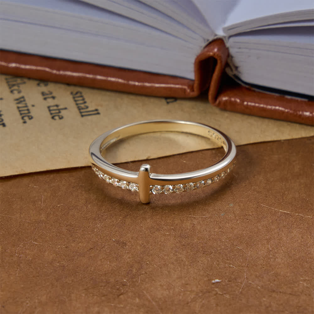 Dainty Side Raised Cross Half Pavé Zircon Sterling Silver Slim Band Ring: Emblem of Gentle Heavenly Guidance
