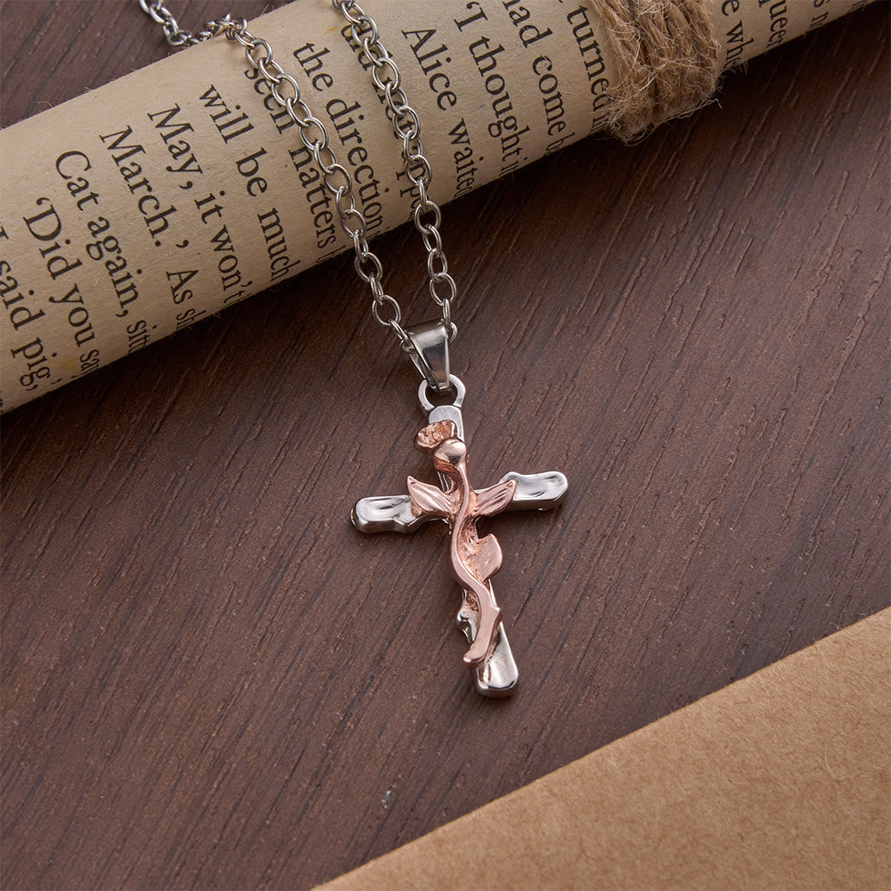 Rose Vine Cross Alloy Pendant Necklace