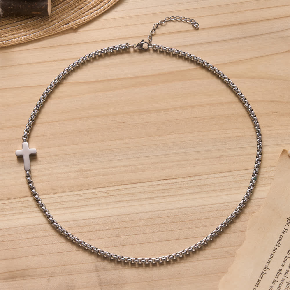Sleek Stainless Steel Cross Necklace with Sideways Pendant: A Reminder of Divine Grace